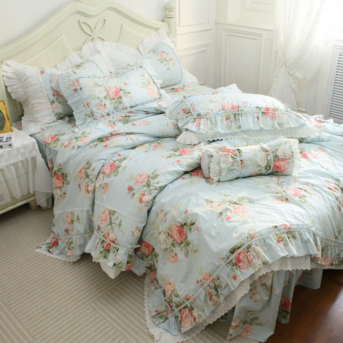 Princess Ruffle Blue Floral Bedding Set