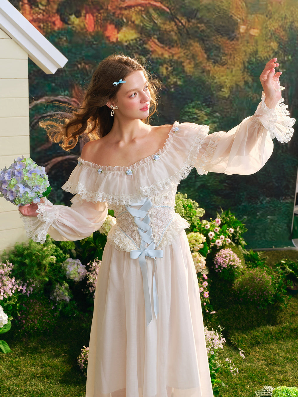 Off-Shoulder Fairy Princess Dress with Blue Ribbon Corset – Dreamy