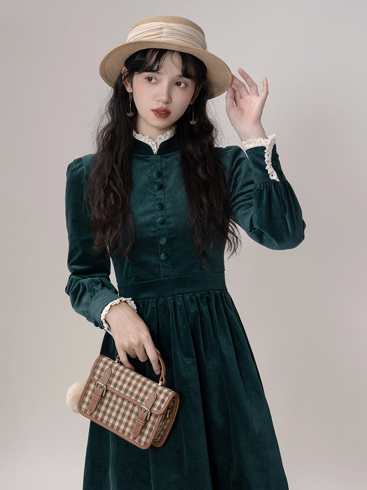 Forest Green Velvet Dress - Lace Cuffs | Puff Sleeves - Vintage Aesthetic Dark Green / L Forest Green Velvet Dress - Lace Cuffs | Puff Sleeves - Vintage Aesthetic Dark Green / L