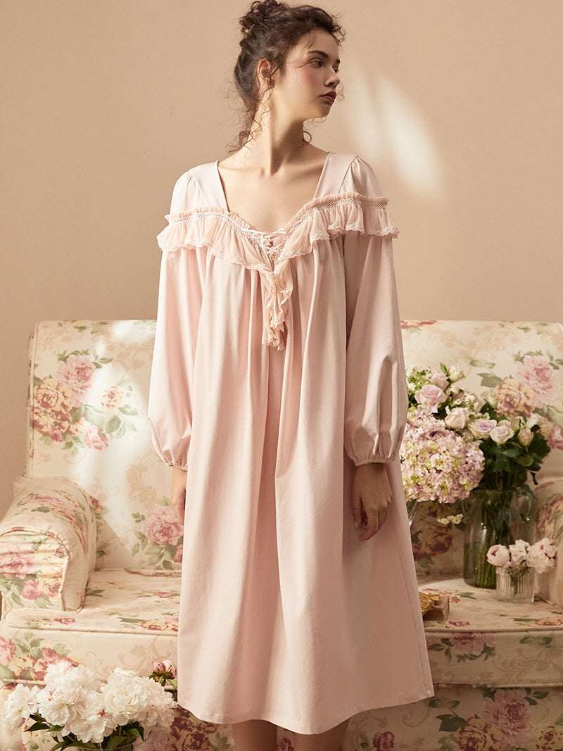 Ruffled Neckline Pink Cotton Nightgown