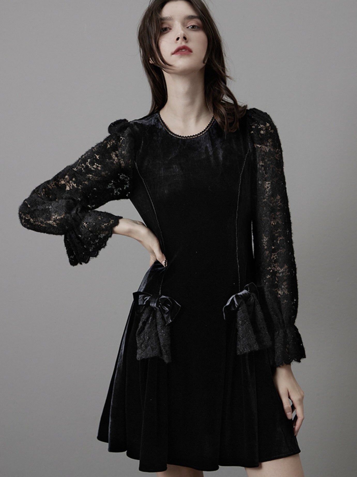 Gothic Lace Sleeve Velvet Dress