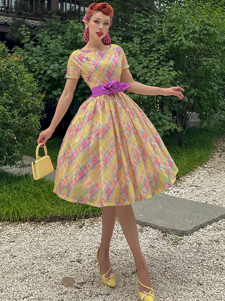 Retro Pastel Plaid Swing Dress