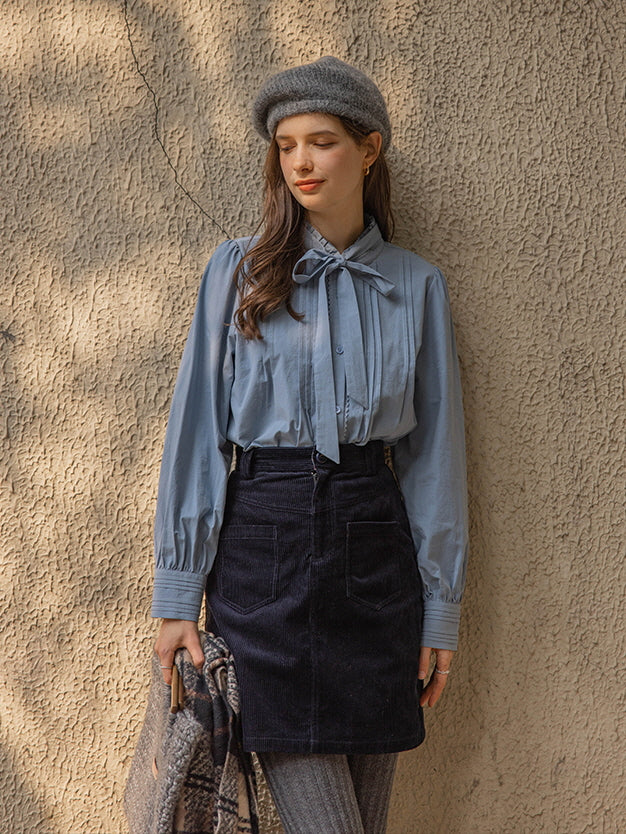 Vintage-Inspired Ribbon Tie Cotton Blouse