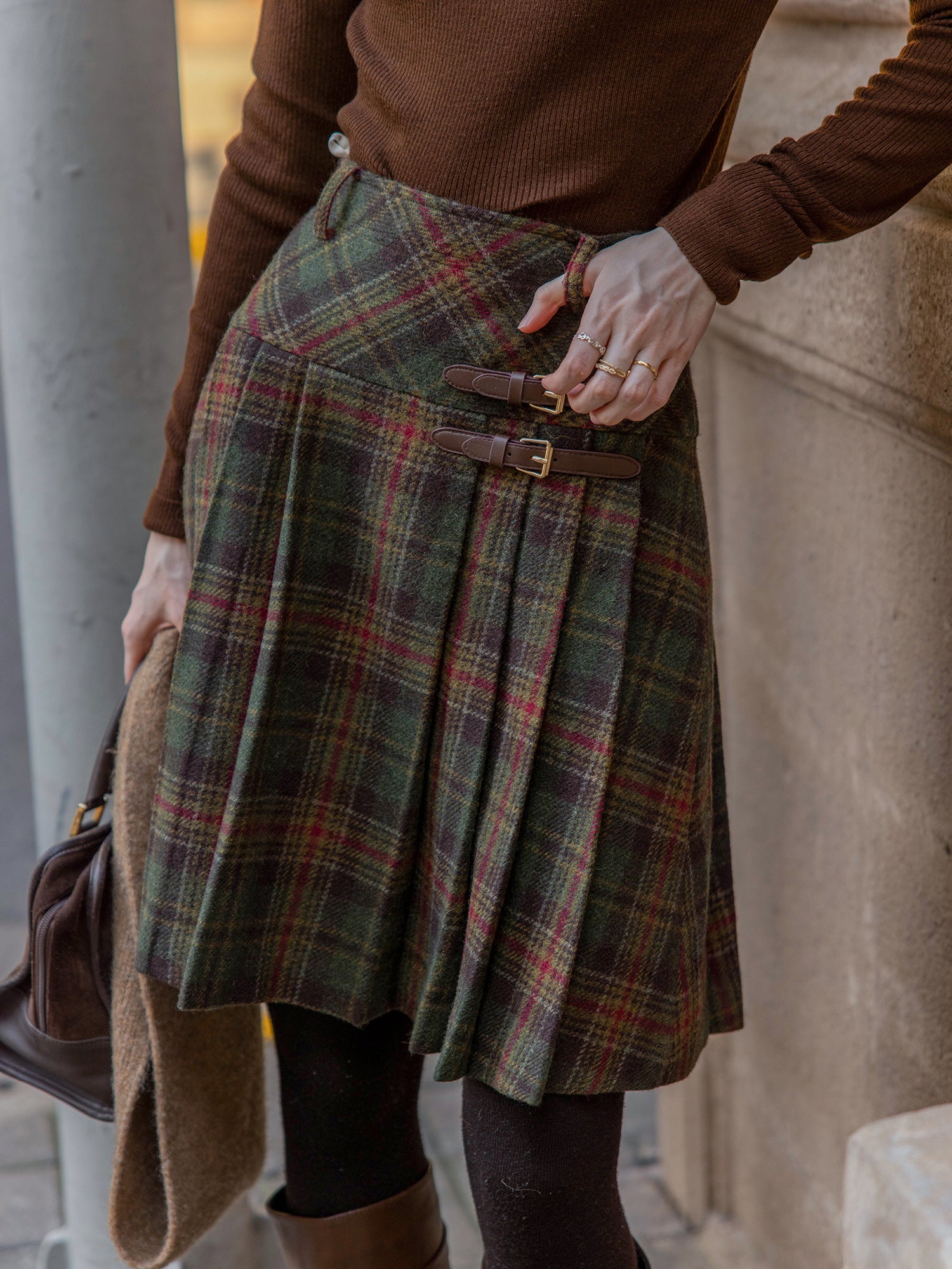 Vintage Wool Plaid Buckle Green Checkered Skirt