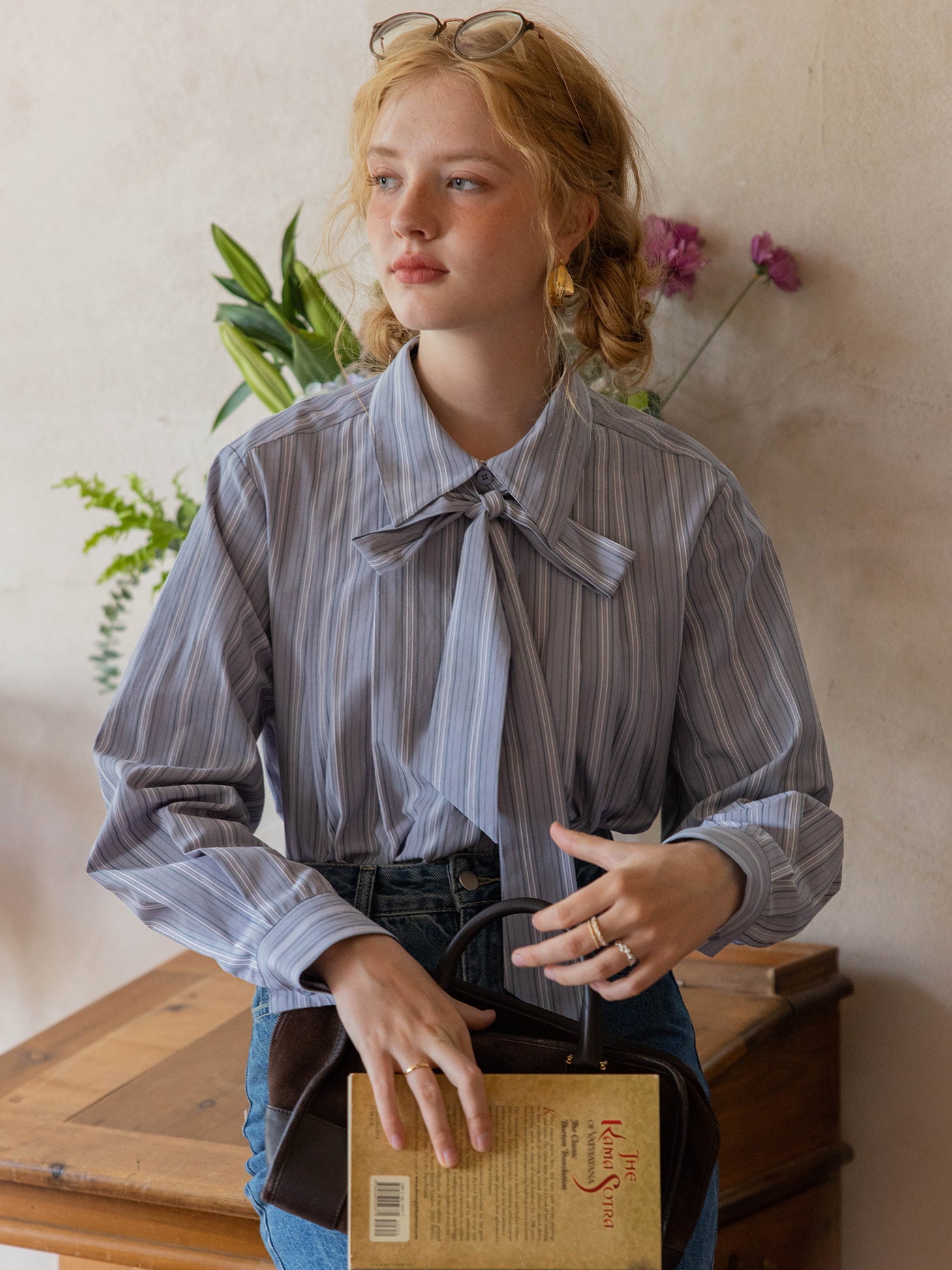 Vintage Striped Bow-Tie Blouse