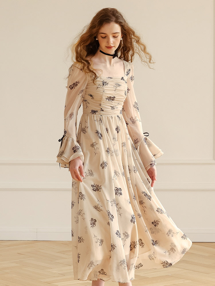 Enchanted Garden Long Beige Floral Dress