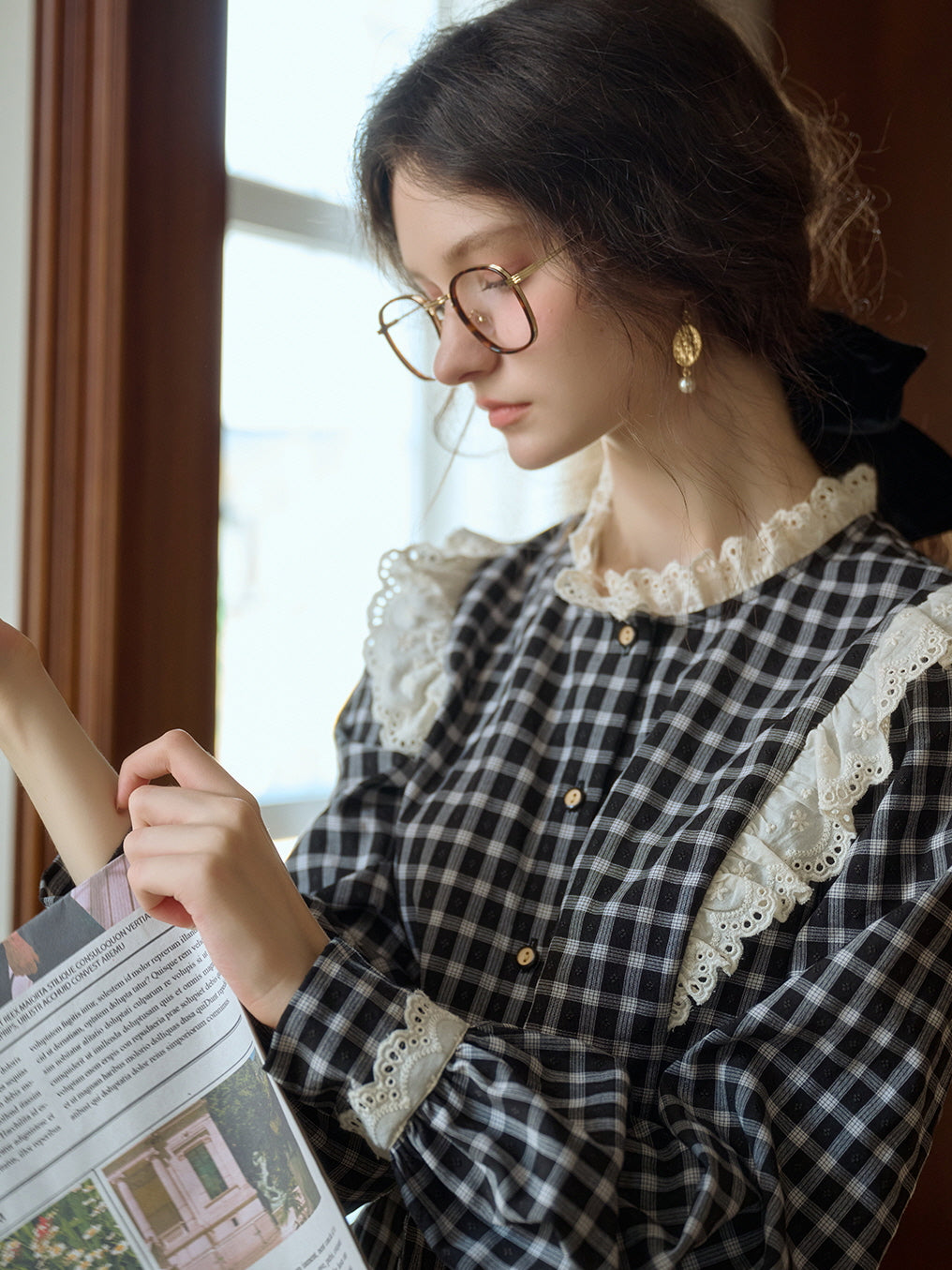 Gingham Blouse with Lace Trim