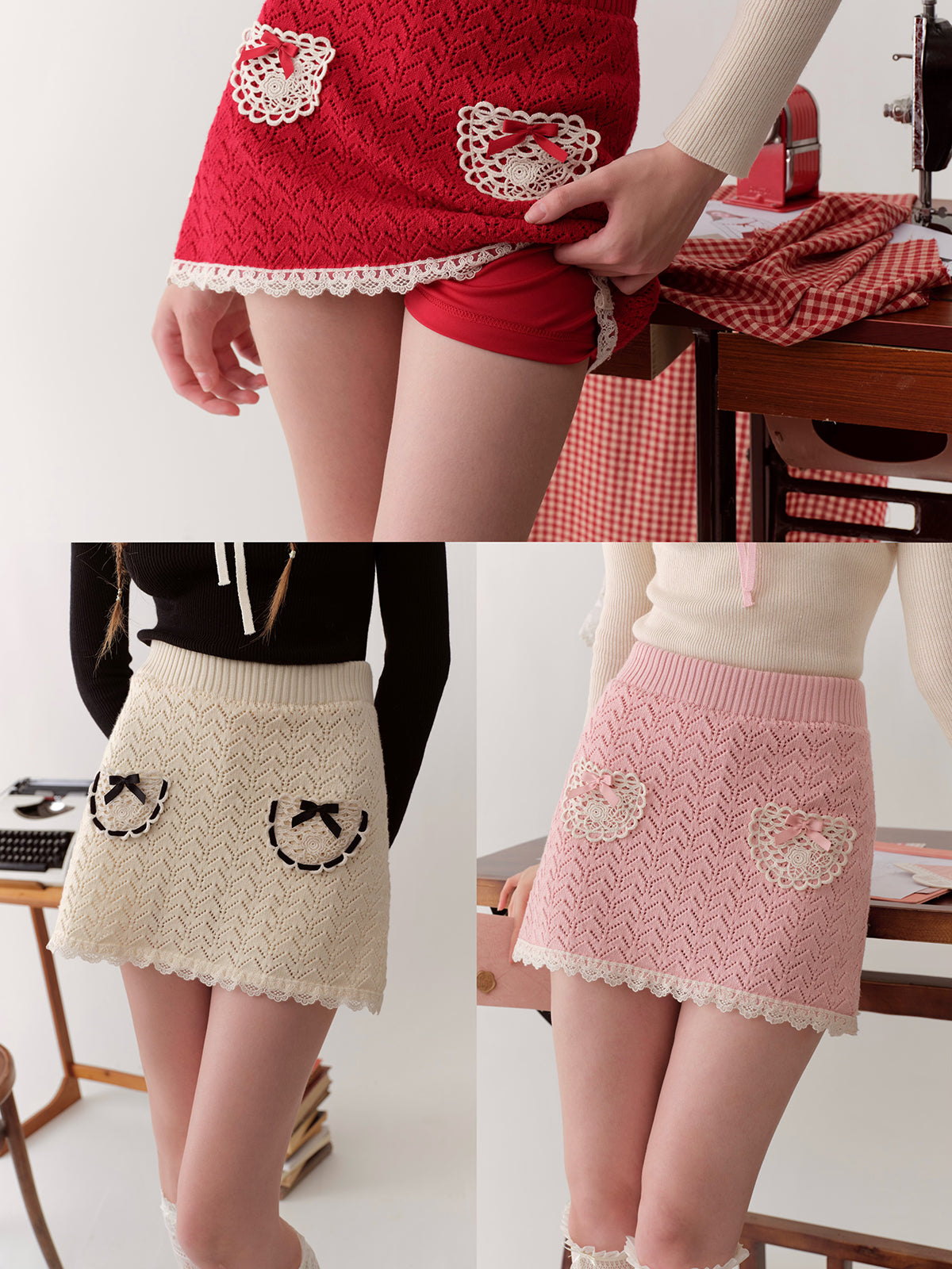 Coquette Knit Skirt with Lace Heart Pockets