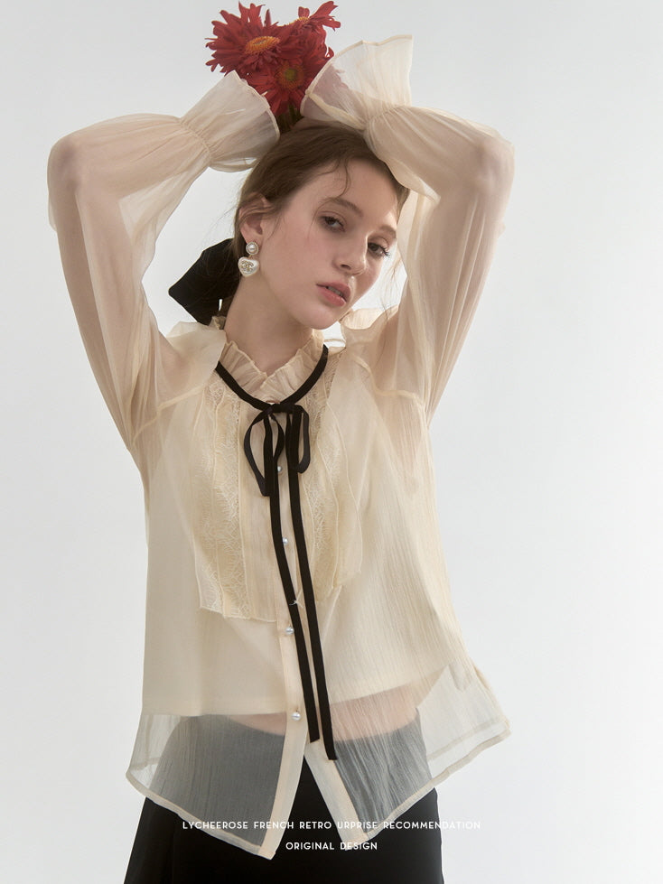 Sheer Lace-Trimmed Blouse with Ribbon Tie