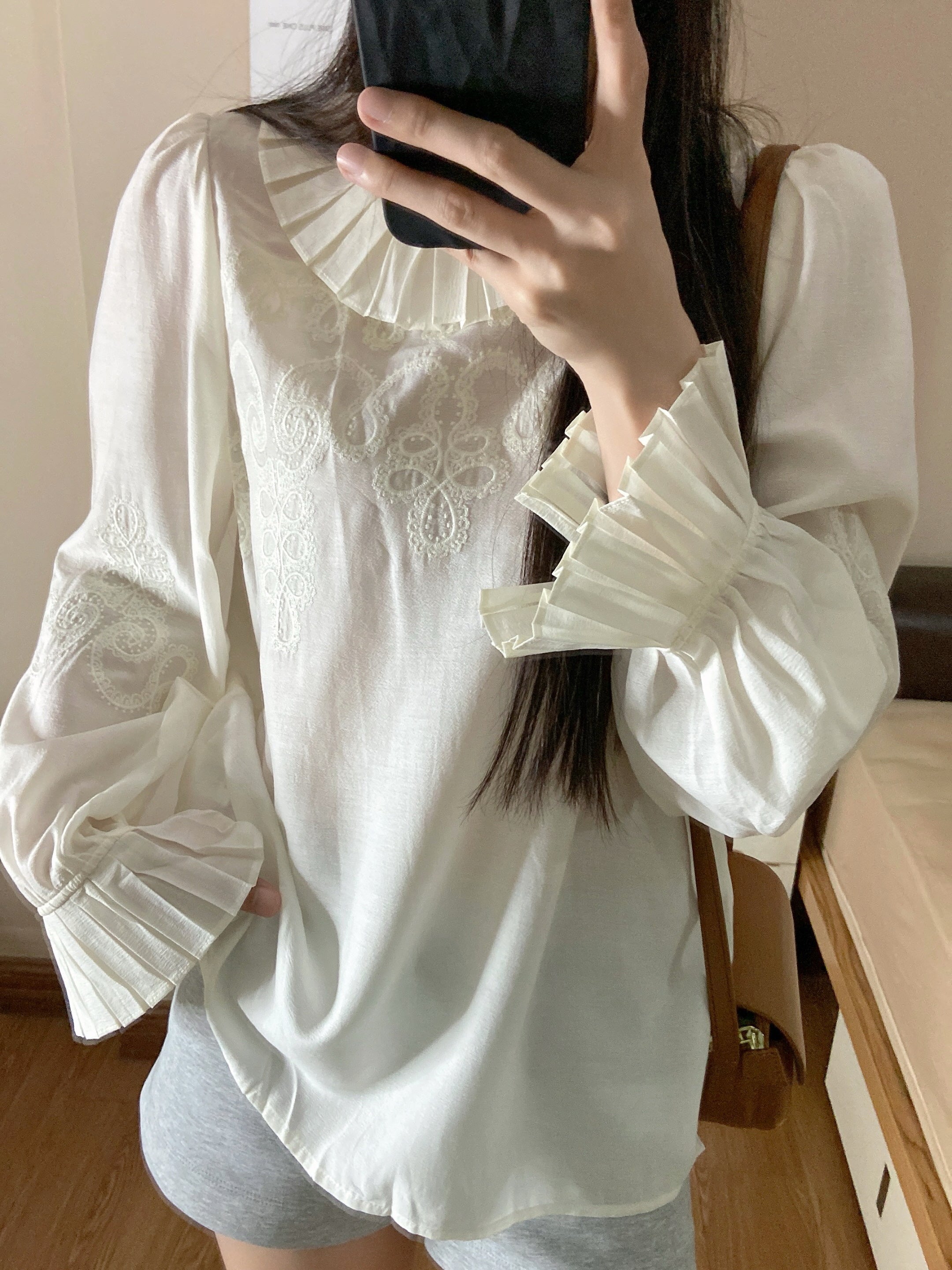 Pleated Collar Embroidered Blouse