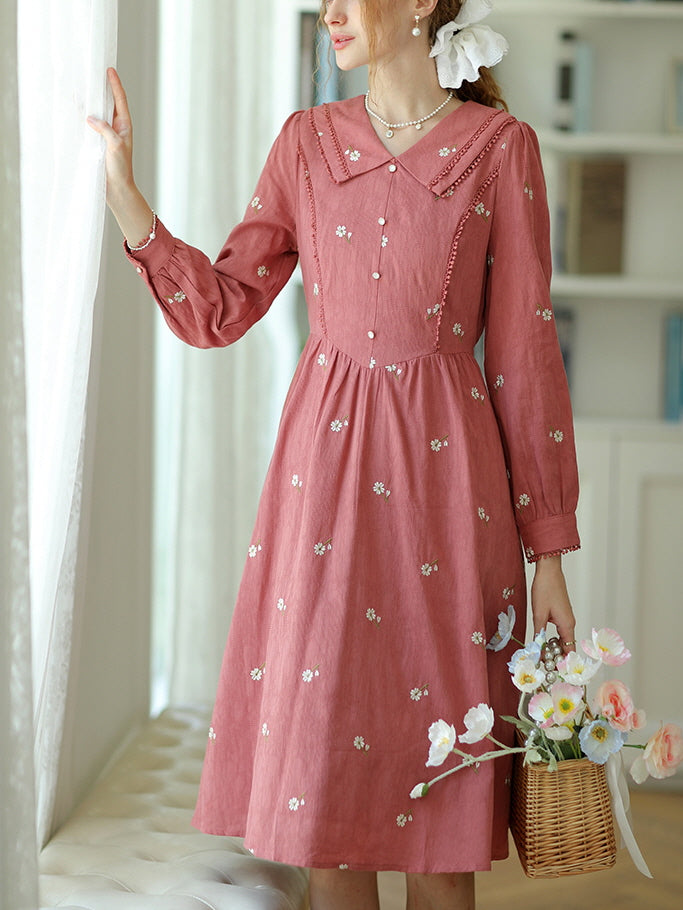 Daisy Dream Embroidered Pink Cotton Dress