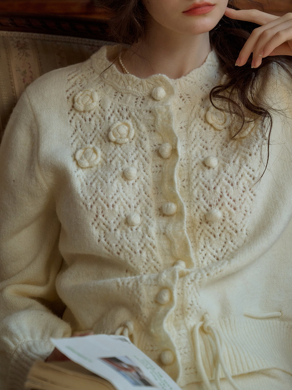 Vintage Floral Knit White Cardigan