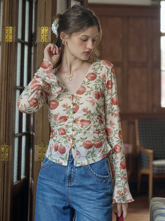 Pomegranate Vintage Print Button-Up Top