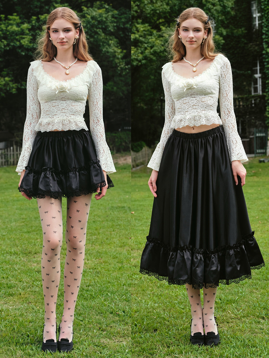 Vintage-Inspired Satin Ruffled Lace Black Skirt