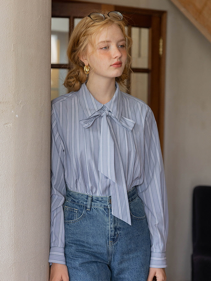 Vintage Striped Bow-Tie Blouse