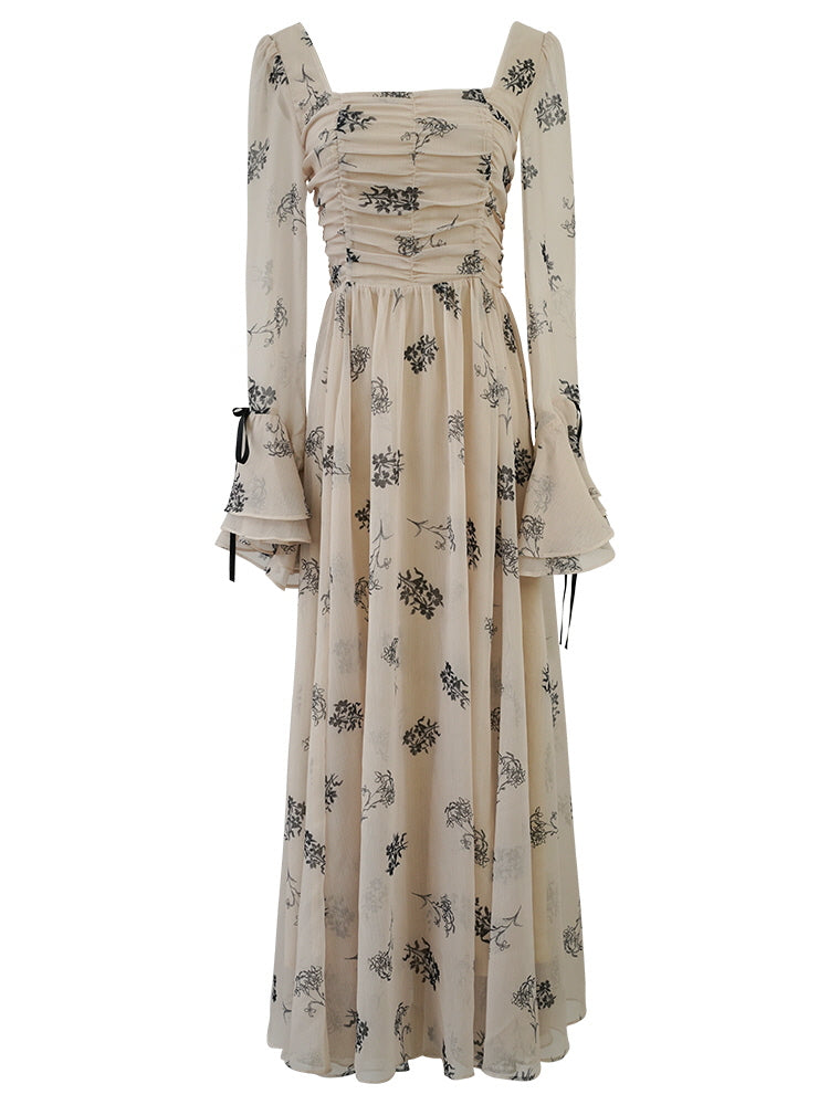 Enchanted Garden Long Beige Floral Dress