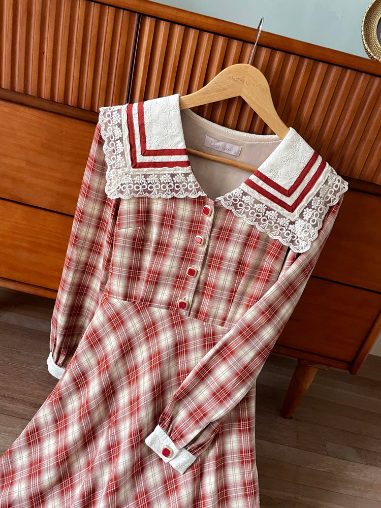 Vintage Red Checkered Lace Collar Dress