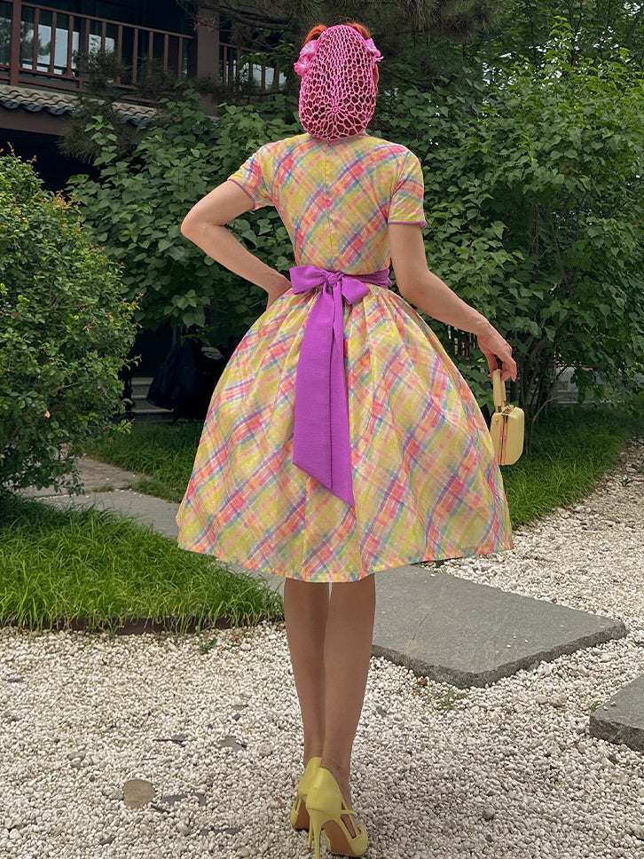 Retro Pastel Plaid Swing Dress