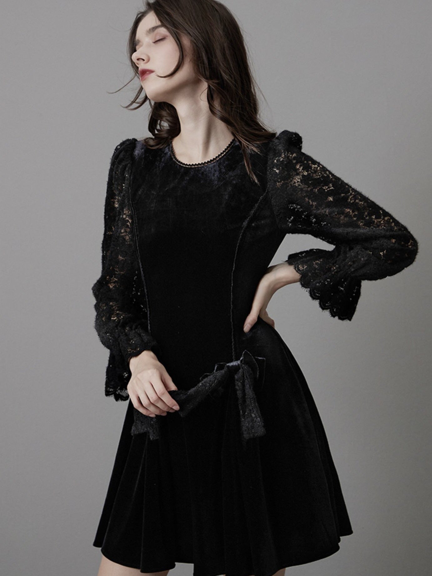 Gothic Lace Sleeve Velvet Dress