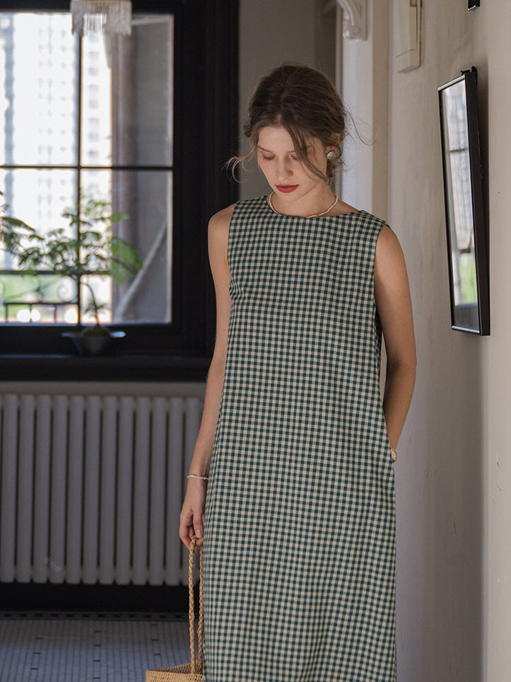 Classic Checkered Cotton-Linen Summer Dress