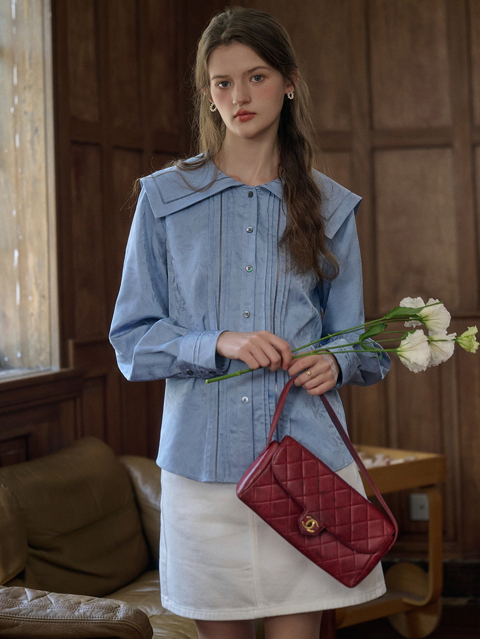 Vintage Floral Embossed Sailor Collar Blouse