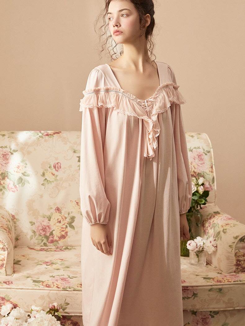 Ruffled Neckline Pink Cotton Nightgown