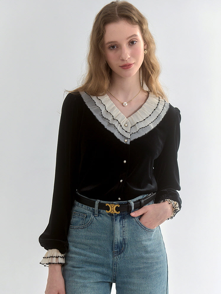 Black Velvet Contrast-Collar Cardigan