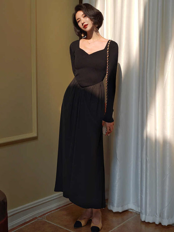 Vintage-Inspired Black Knit and Chiffon Dress