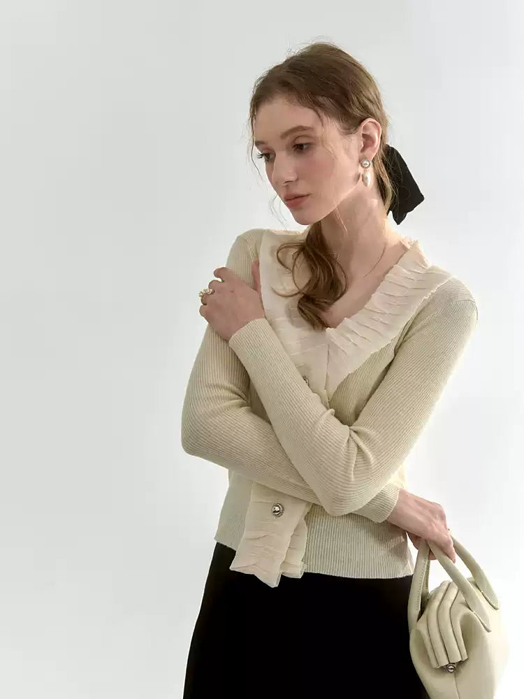 Cream Ruffle-Trim Wool-Blend Cardigan