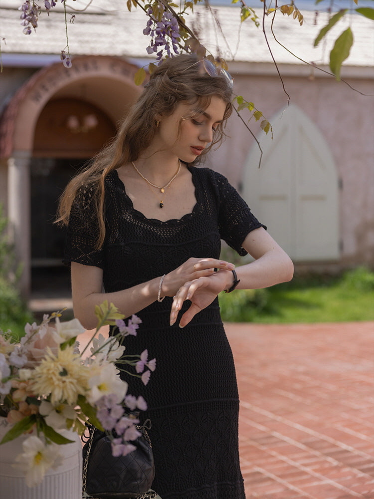 Serene Garden Crochet Black Dress