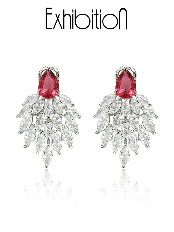 Elegant Ruby Zircon Leaf Drop Earrings