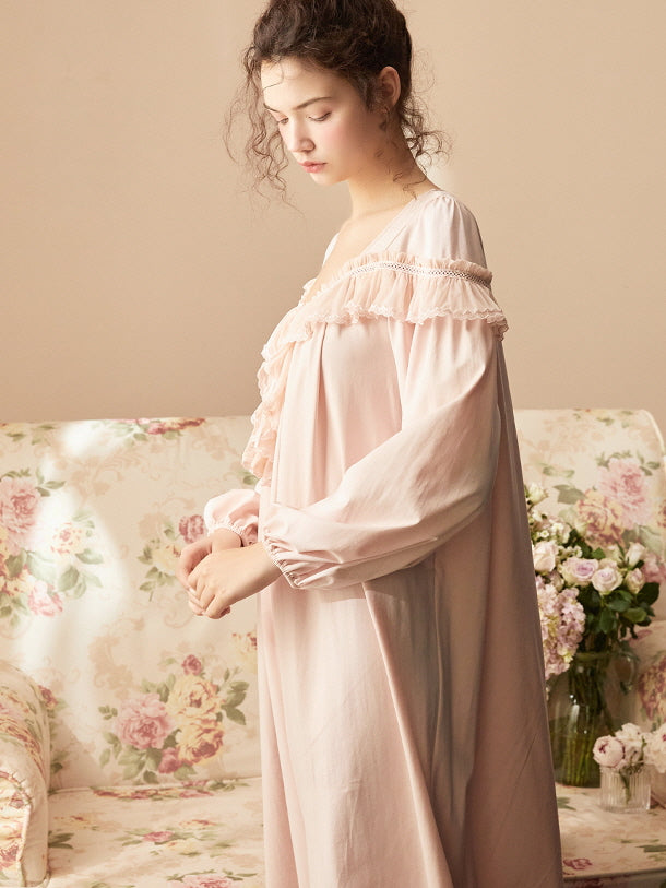 Ruffled Neckline Pink Cotton Nightgown