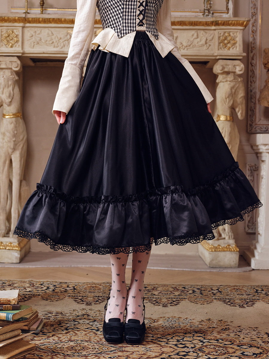 Vintage-Inspired Satin Ruffled Lace Black Skirt