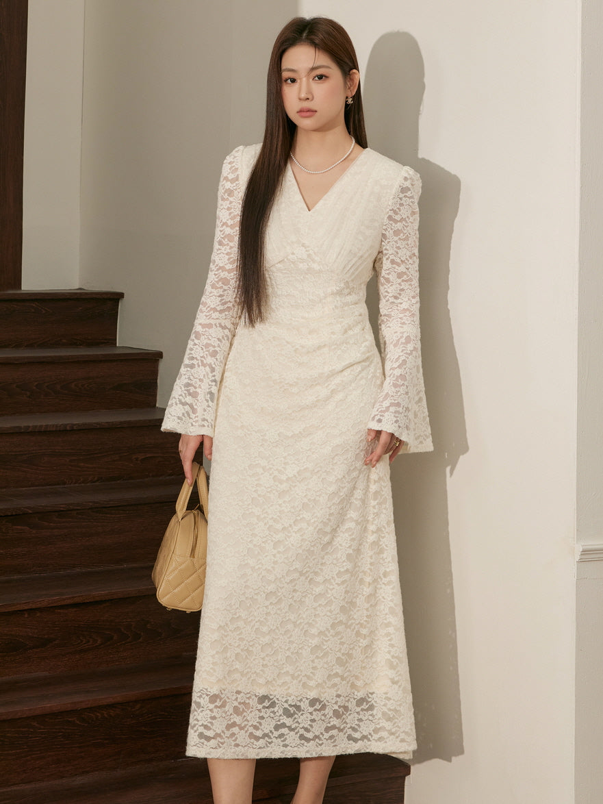 Romantic Ivory Lace Bell-Sleeve Dress