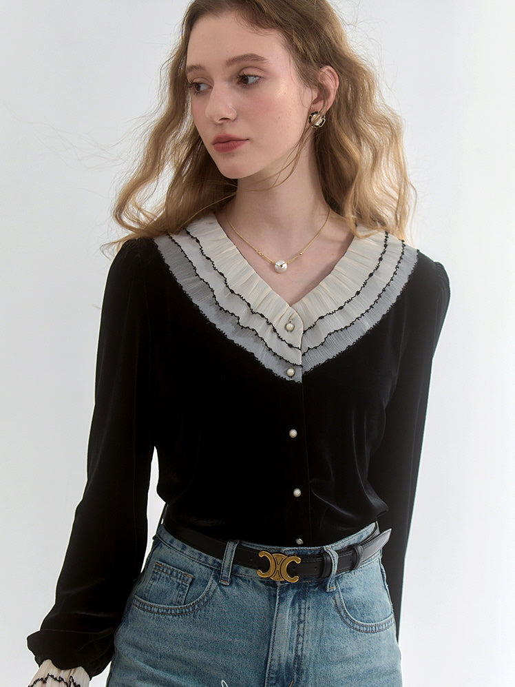 Black Velvet Contrast-Collar Cardigan