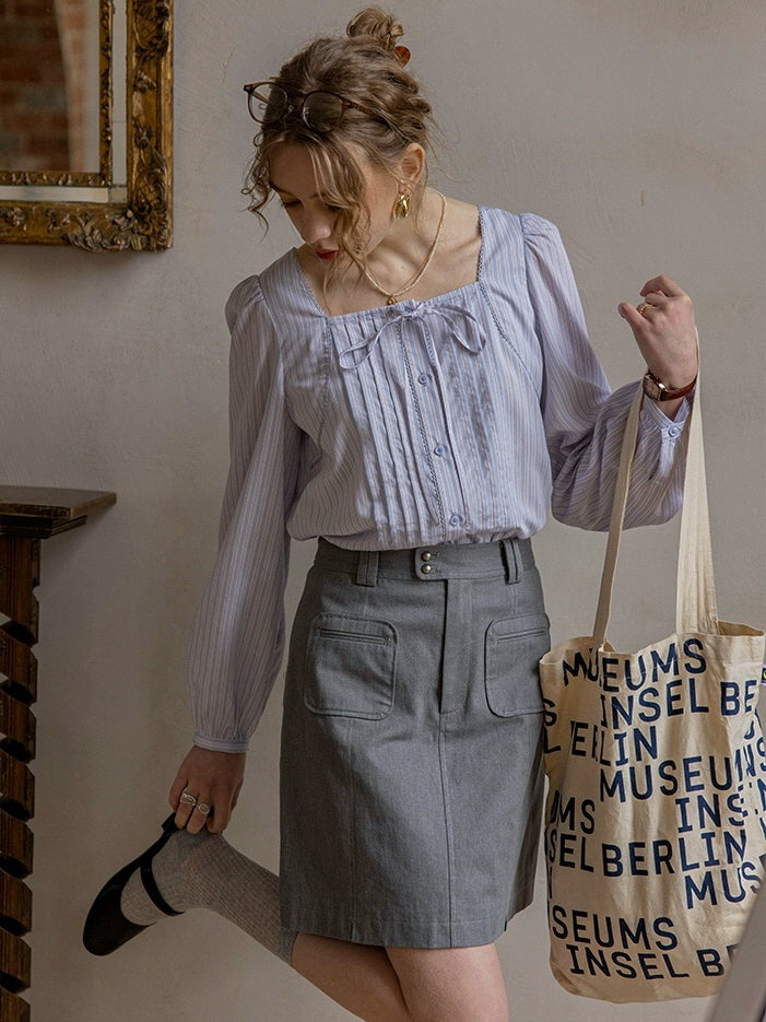 Blue Stripe Ribbon Blouse