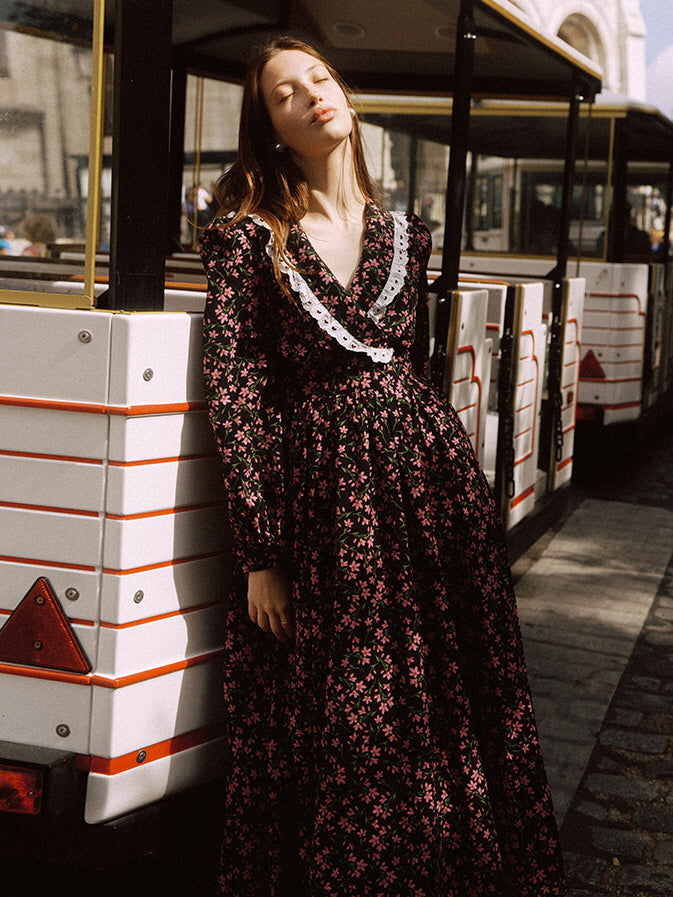 Vintage Floral Lace-Trim Long Dress