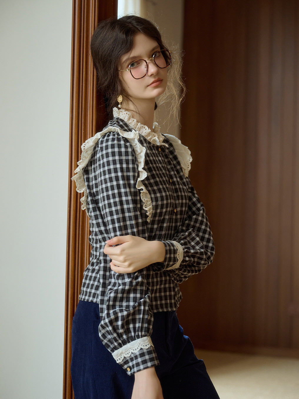 Gingham Blouse with Lace Trim