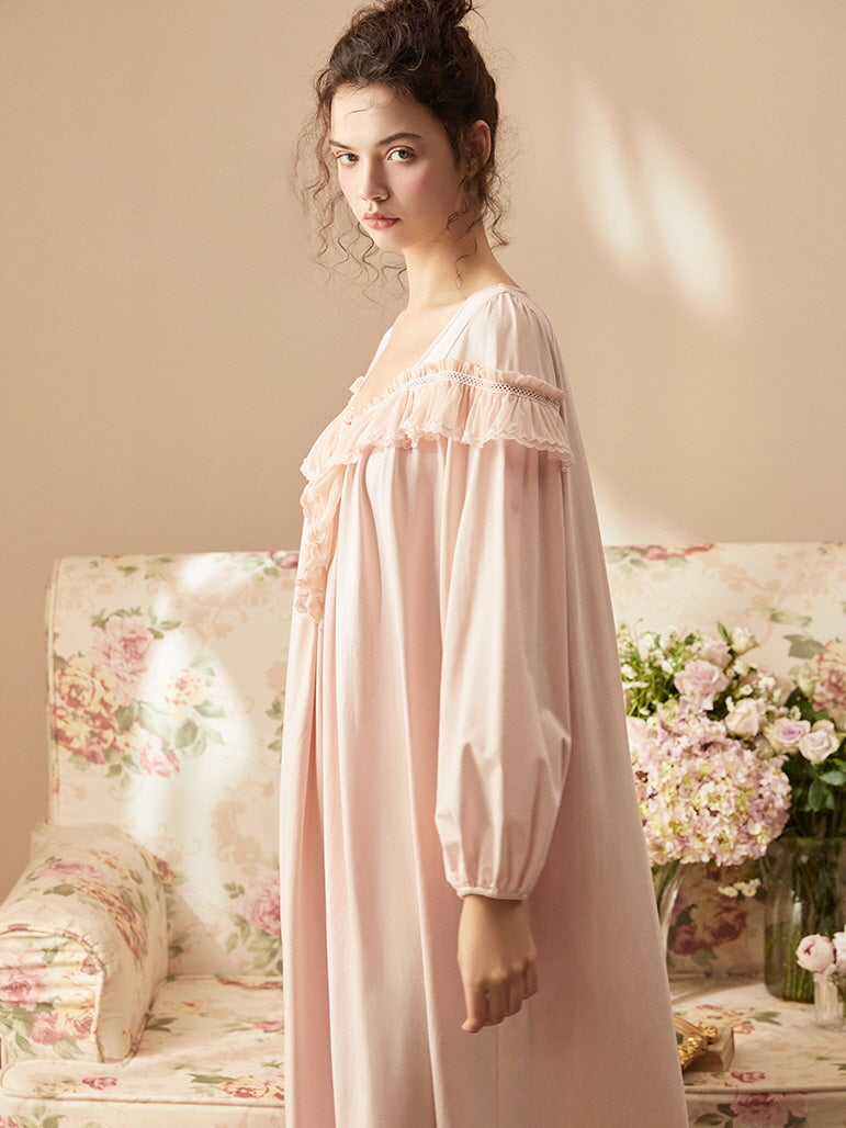 Ruffled Neckline Pink Cotton Nightgown