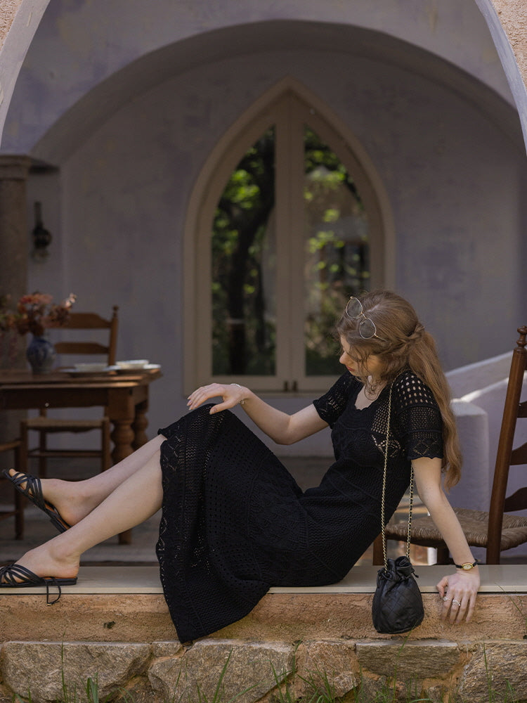 Serene Garden Crochet Black Dress