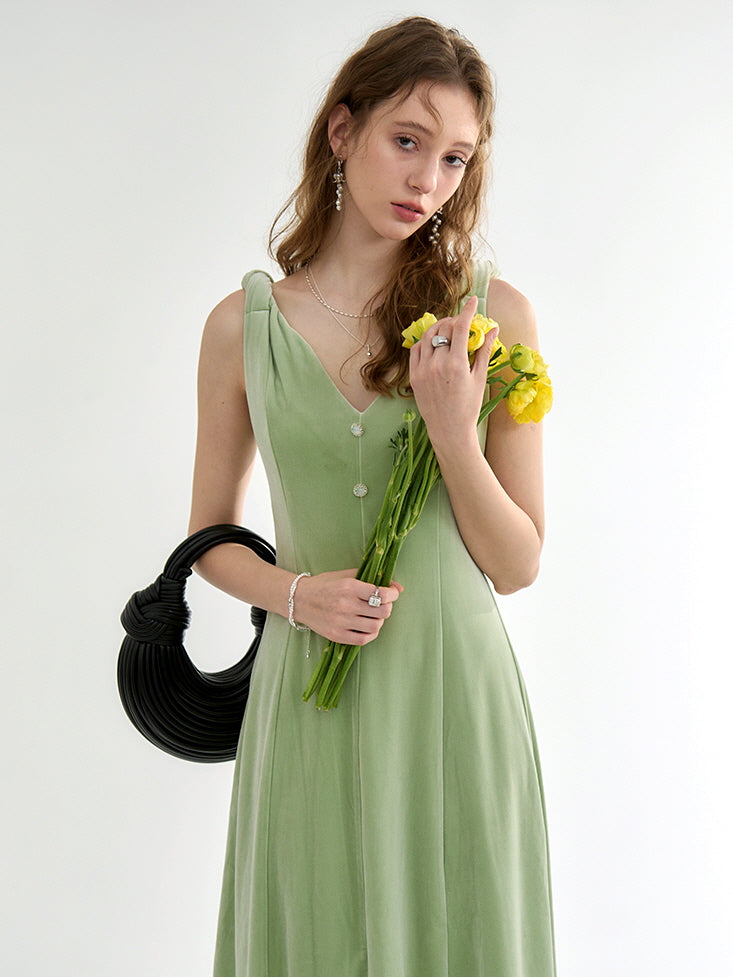 Green Velvet Lace-Trimmed Dress