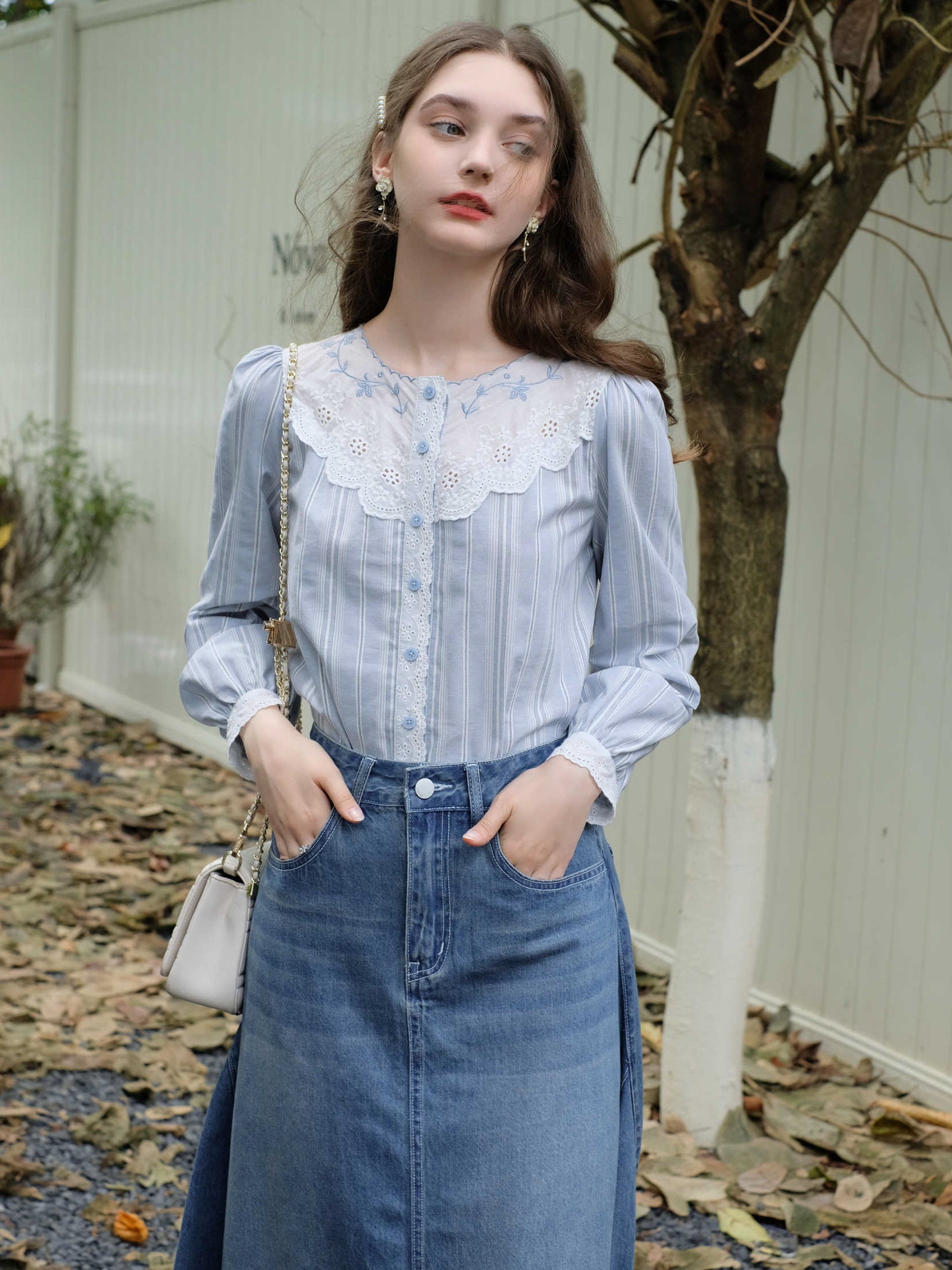 Blue Striped Cotton Lace Blouse