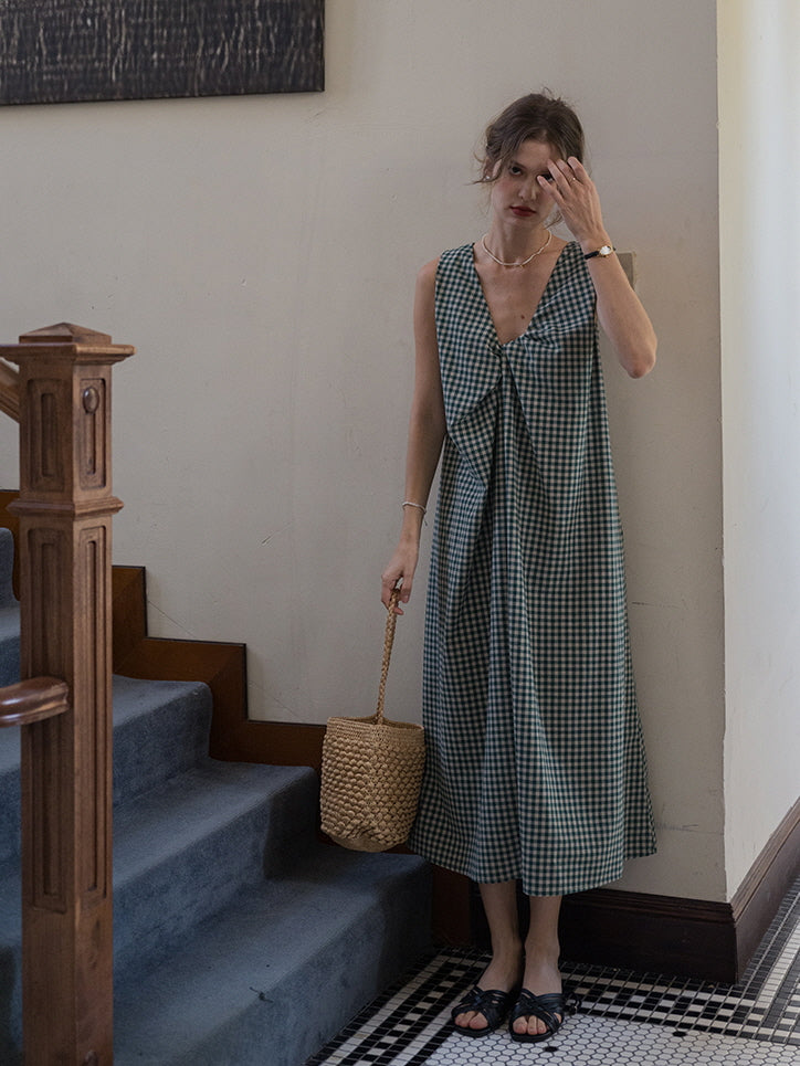 Classic Checkered Cotton-Linen Summer Dress