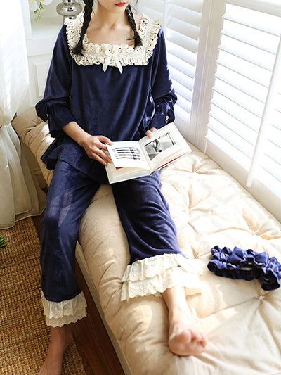 Midnight Velvet Lace-Trim Pajama Set