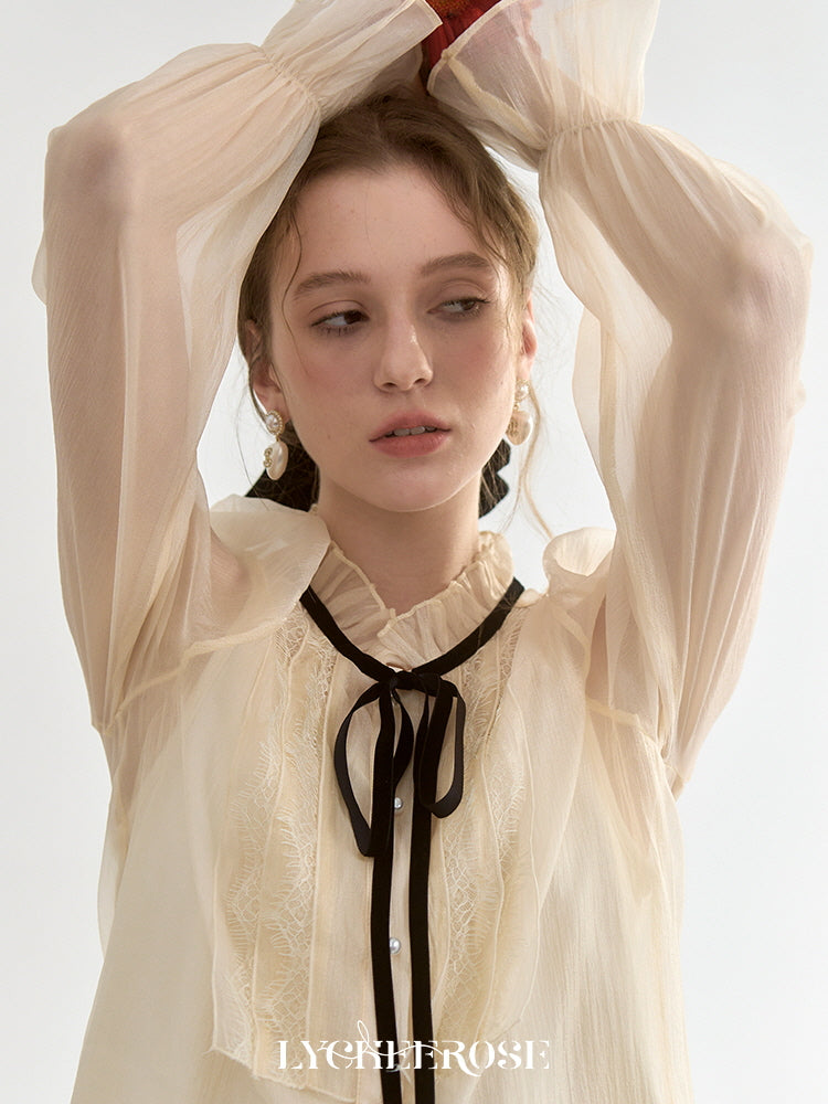 Sheer Lace-Trimmed Blouse with Ribbon Tie