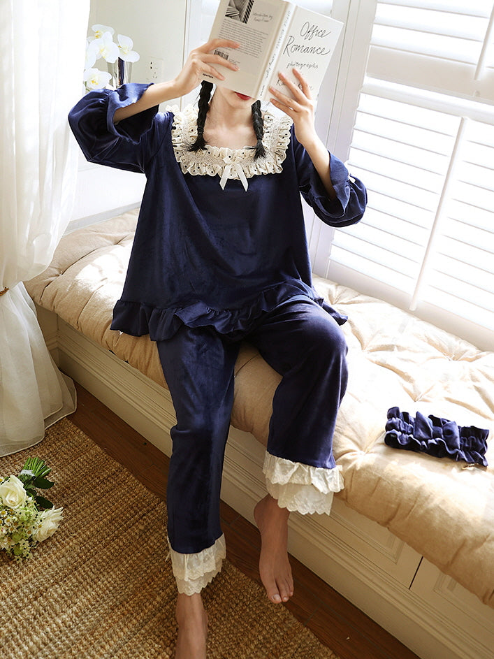 Midnight Velvet Lace-Trim Pajama Set