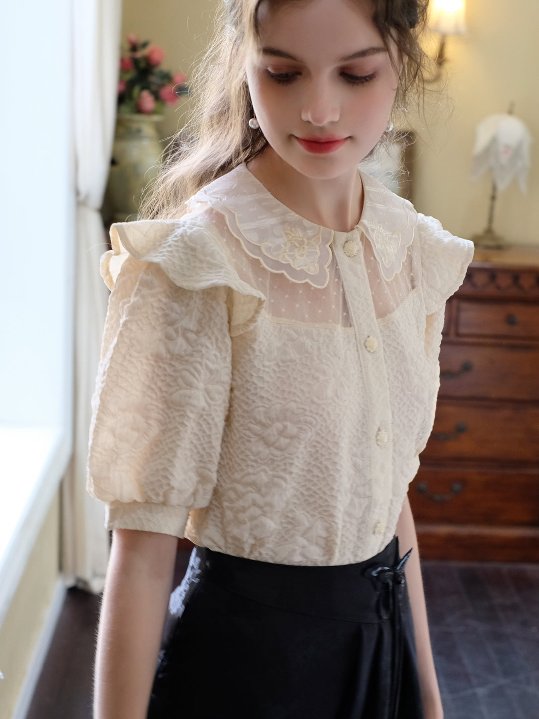 Vintage-Inspired Lace Trim Blouse