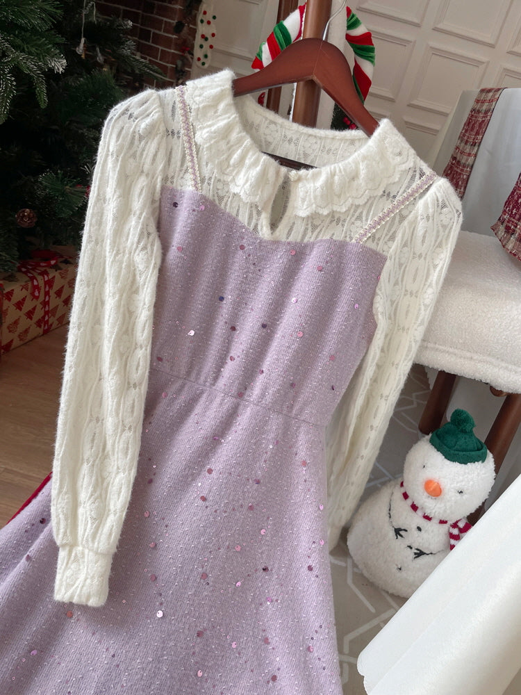 Lavender Sequin Knit Ruffle Collar Dress