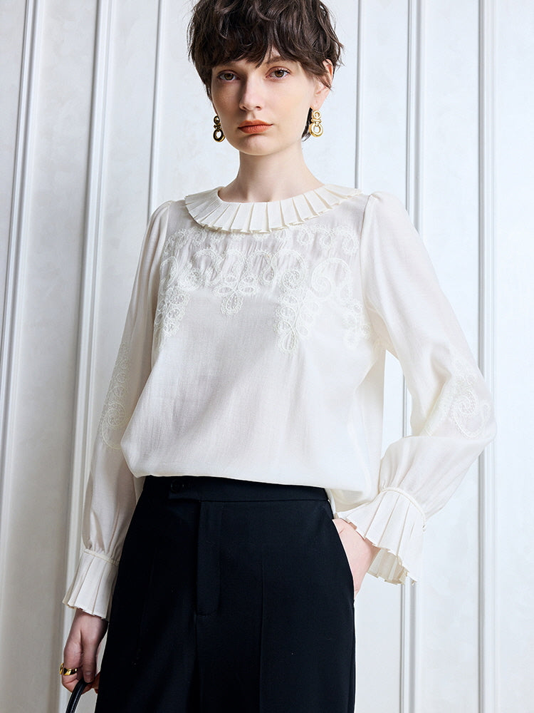 Pleated Collar Embroidered Blouse