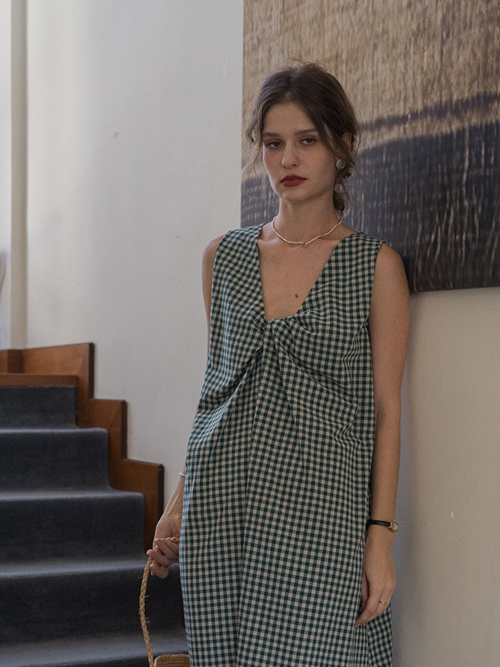 Classic Checkered Cotton-Linen Summer Dress